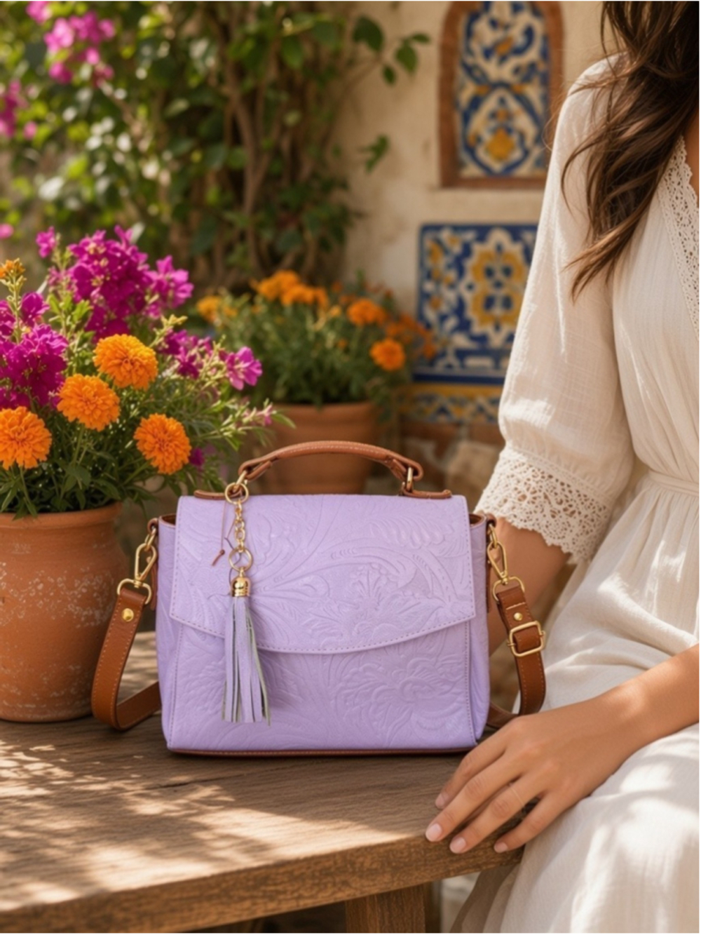 Lilac Bloom Cognac Brown Floral Embossed Tooled Artisan LEATHER Crossbody Purse